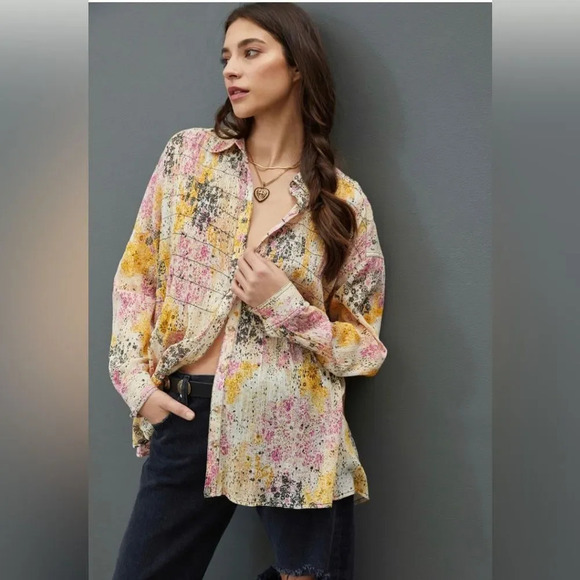 PILCRO by ANTHROPOLOGIE Smocked Buttondown in Pink Combo - Picture 1 of 10